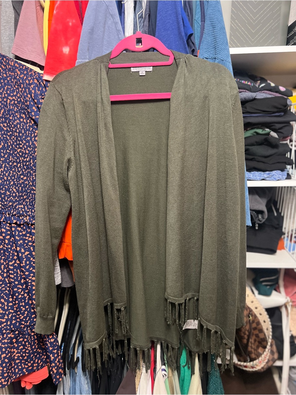 Joseph Olive Open-Front Fringe Knit Cardigan size M